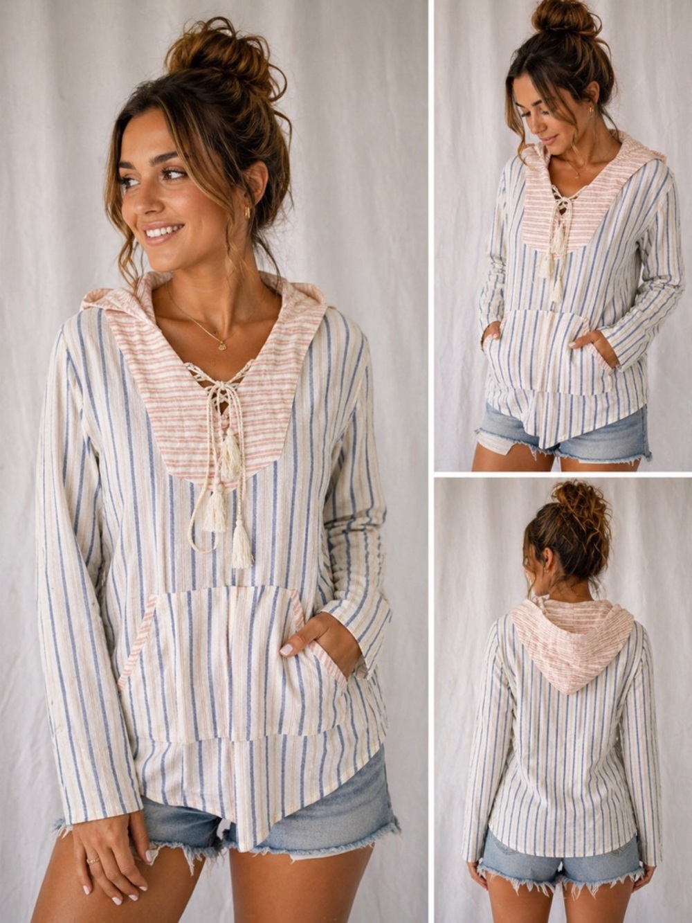 39)Hem & Thread Striped Hooded Tunic Boho Lace Up Top Blue Pink. PTP 19